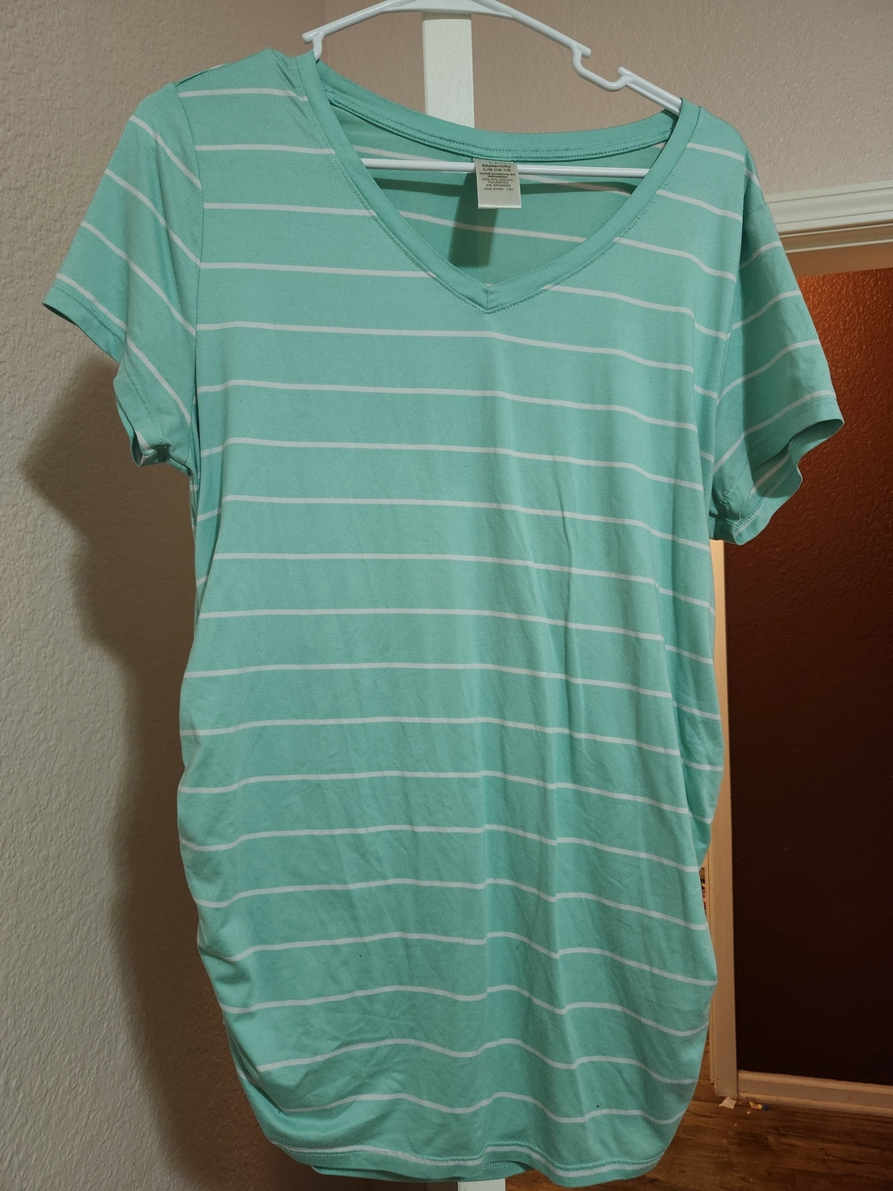 Striped V-Neck Short Sleeve Maternity Top - Mint & White